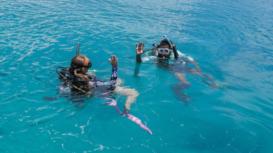 Two divers prepare to descend on a coral restoration site in Nassau.